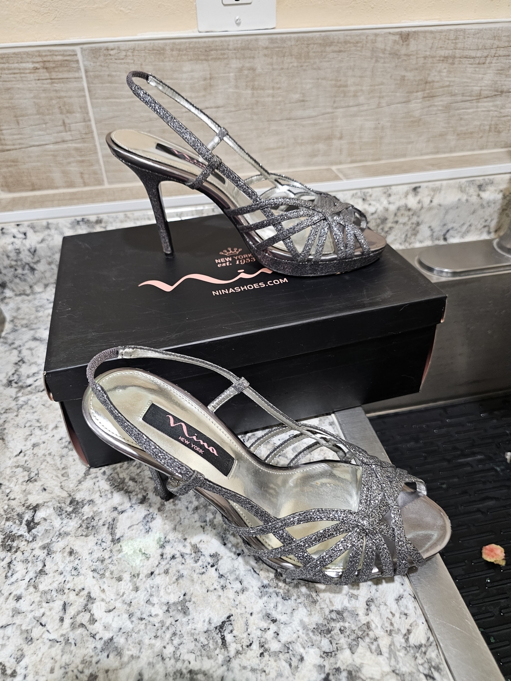 Nina Metallic Silver Glitter Strappy Slingback Heels